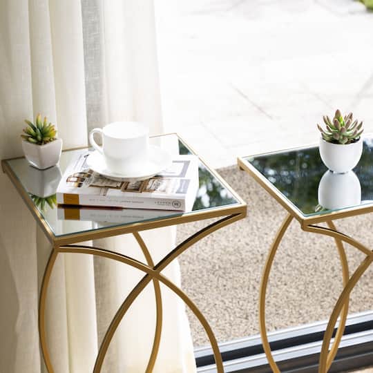 Glitzhome® Metal Tall Accent Table with Glass Top Set